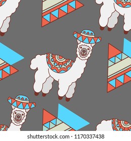 Seamless pattern with alpaca and hand drawn elements