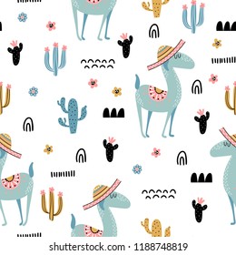Seamless pattern with alpaca in a hat, cacti and flowers on a white background in a doodle style. Vector illustration.