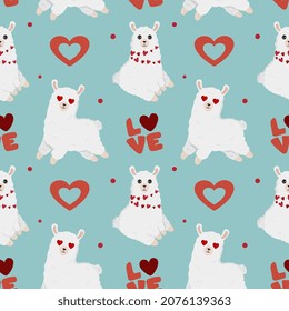 Seamless pattern with сute alpaca and hearts on blue background. Excellent design for packaging, wrapping paper, textile etc. Cute llama