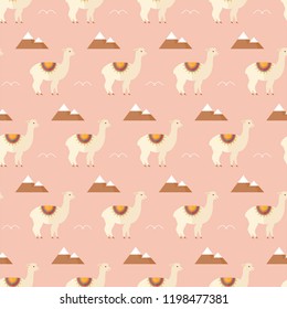 seamless pattern alpaca lama animal mountain on pink background vector wallpaper textile giftwrap