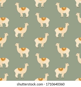 seamless pattern alpaca lama animal on green background vector wallpaper textile giftwrap