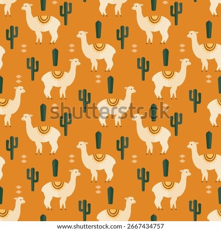 seamless pattern alpaca lama animal cactus on orange background vector wallpaper textile giftwrap fabric