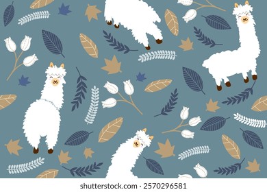 seamless pattern with alpaca and leaves