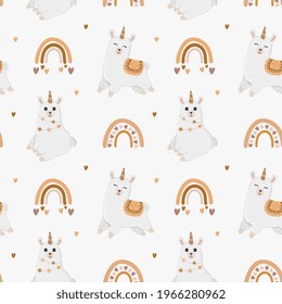 Seamless pattern with alpaca (llama), hearts and rainbows. Cartoon design animal character flat vector style. Baby texture for fabric, wrapping, textile, wallpaper, clothing. 