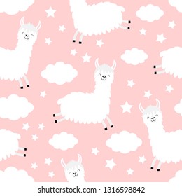 Seamless Pattern. Alpaca llama jumping. Cloud star in the sky. Cute cartoon kawaii funny smiling baby character. Wrapping paper, textile template. Nursery decoration Pink background Flat design Vector