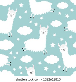 Seamless Pattern. Alpaca llama jumping. Cloud star in the sky. Cute cartoon kawaii funny smiling baby character. Wrapping paper, textile template. Nursery decoration Flat design Blue background Vector