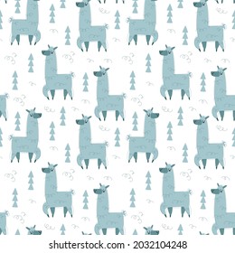 Seamless pattern with alpaca or llama on a white background. Vector illustration in minimalistic flat style, hand drawing. Print for textiles, print design, postcards, gray and blue.