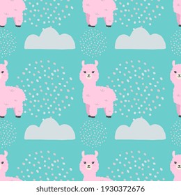 Seamless Pattern. Alpaca llama  in the sky. Cute cartoon kawaii funny smiling baby character. Wrapping paper, textile template. Nursery decoration