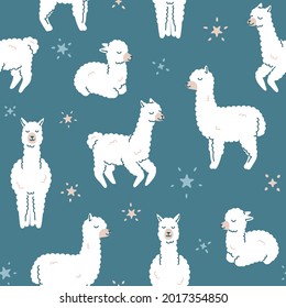 Seamless Pattern. Alpaca llama sleep, standing and jumping. Star in the sky. Cute cartoon kawaii funny smiling baby character. Wrapping paper, textile template. Nursery decoration Blue background Flat