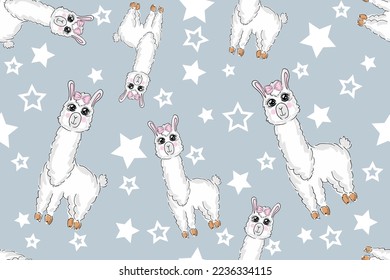 Seamless Pattern. Alpaca llama sleep, standing and jumping. Star in the sky. Cute cartoon kawaii funny smiling baby character. Wrapping paper, textile template. Nursery decoration Blue background Flat