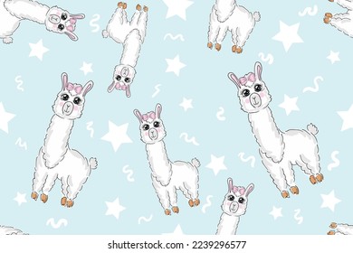 Seamless Pattern. Alpaca llama sleep, standing and jumping. Star in the sky. Cute cartoon kawaii funny smiling baby character. Wrapping paper, textile template. Nursery decoration Blue background Flat