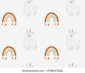 Seamless pattern with alpaca (llama), stars and rainbows. Cartoon design animal character flat vector style. Baby texture for fabric, wrapping, textile, wallpaper, clothing. 