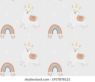 Seamless pattern with alpaca (llama), stars and rainbows. Cartoon design animal character flat vector style. Baby texture for fabric, wrapping, textile, wallpaper, clothing. 