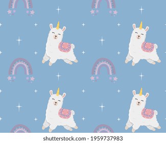 Seamless pattern with alpaca (llama), stars and rainbows. Cartoon design animal character flat vector style. Baby texture for fabric, wrapping, textile, wallpaper, clothing. 