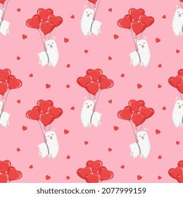 Seamless pattern with alpaca on balloons, hearts. Background for wrapping paper, textile, posters, cards. Happy Valentine's day.