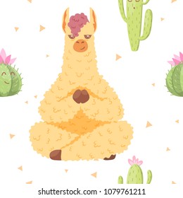 Seamless pattern with alpaca - south america's lama in lotus pose and cactus with flower. Vector illustration.