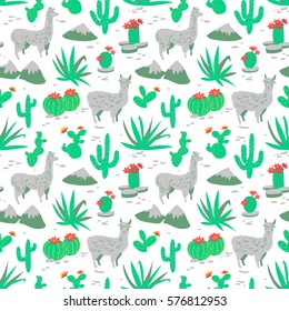 Seamless pattern with alpaca - south america's lama. Background with lama and cactus in cartoon style. Vector floral illustration