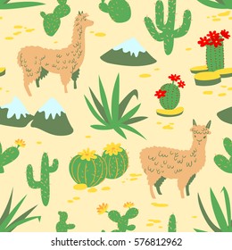 Seamless pattern with alpaca - south america's lama. Background with lama and cactus in cartoon style. Vector floral illustration