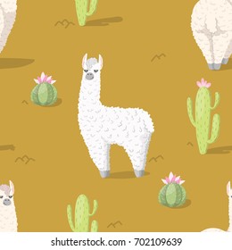 Patrón sin problemas con la alpaca - el lama de Sudamérica y el cactus con flor. Ilustración vectorial.