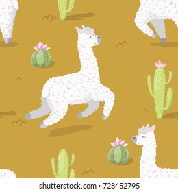 Seamless pattern with alpaca - south america's lama and cactus . Vector illustration.