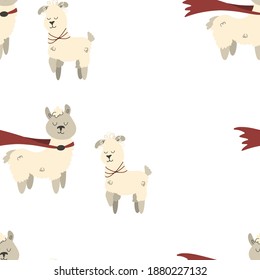 Nahtloses Muster. Alpaca Super Held und Alpaca Mädchen. Dekorative Tapete für die Kindergarten. Vektorgrafik. Geeignet für Kinderbekleidung, Innenausstattung, Verpackung, Druck.
