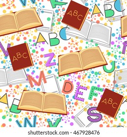 Seamless pattern alphabet background in bright colors. Vector illustration with randomly distributed English letters. Seamless pattern can be used for wallpaper, textiles, prints, fabric, gift wrap