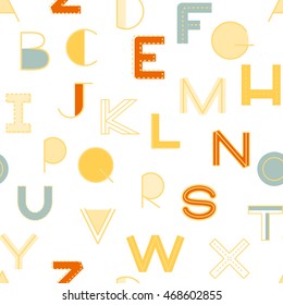 Seamless pattern alphabet background in bright colors. Vector illustration with randomly distributed English letters. Can be used for wallpaper, textiles, prints, fabric, gift wrap