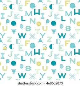 Seamless pattern alphabet background in bright colors. Vector illustration with randomly distributed English letters. Can be used for wallpaper, textiles, prints, fabric, gift wrap