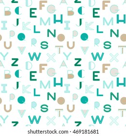 Seamless pattern alphabet background in bright colors. Vector illustration with randomly distributed English letters. Seamless pattern can be used for wallpaper, textiles, prints, fabric, gift wrap