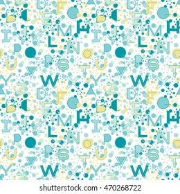 Seamless pattern alphabet background in bright colors. Vector illustration with randomly distributed English letters. Seamless pattern can be used for wallpaper, textiles, prints, fabric, gift wrap