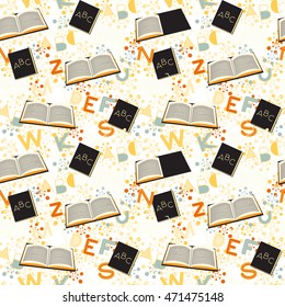 Seamless pattern alphabet background in bright colors. Vector illustration with randomly distributed English letters. Seamless pattern can be used for wallpaper, textiles, prints, fabric, gift wrap