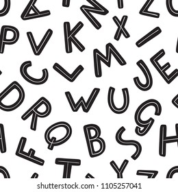 Seamless pattern with alphabet. Black and white handwritten font in doodle style. Back to school. Vector. 