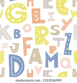Seamless pattern with alphabet in cartoon style.  A-Z vector illustration.