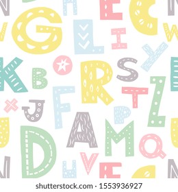 Seamless pattern with alphabet in cartoon style. Perfect for baby apparel design, fabric, wrapping paper. A-Z vector illustration.