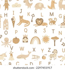 Seamless pattern of Alphabet with cute animals, dinosaur, unicorn, letters. Vector background fo kids design.