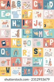 Seamless pattern with alphabet and cute animals for play mat, vector hand drawn art