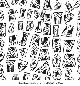 seamless pattern with alphabet. hand drawn letters. black and white