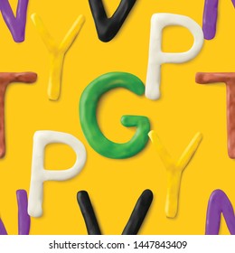 Seamless pattern with alphabet. Handmade modeling clay letters. Realistic 3d vector lettering background. Creative colorful design. Children style.