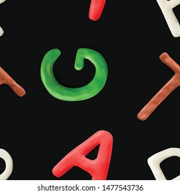 Seamless pattern with alphabet. Handmade modeling clay letters. Realistic 3d vector lettering background. Creative Children style.