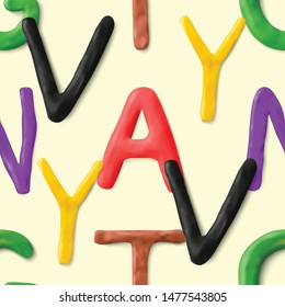 Seamless pattern with alphabet. Handmade modeling clay letters. Realistic 3d vector lettering background. Creative colorful design. Children style.