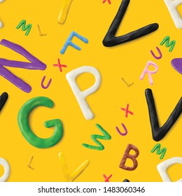 Seamless pattern with alphabet. Handmade modeling clay letters. Realistic 3d vector lettering background.