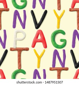 Seamless pattern with alphabet. Handmade modeling clay letters. Realistic 3d vector lettering background.