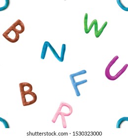 Seamless pattern with alphabet. Handmade modeling clay letters. Realistic 3d vector lettering background. Creative Children style.