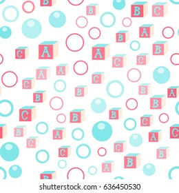 Seamless pattern with alphabet letters, circles and blue balls for babies. Colorful cute vector seamless pattern for wrapping paper, fabric or wallpapers.