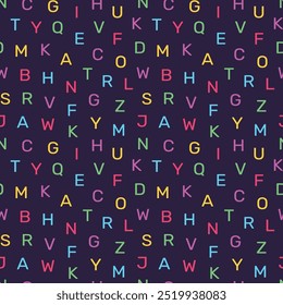 Padrão contínuo de letras alfabéticas com um fundo escuro, adequado para as necessidades de design padrão das crianças, para impressão, moda, superfícies, papel de embrulho, capas e outros