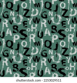 Seamless pattern with alphabet letters in form of colored paint splashes and blots. Abstract vector background with latin letters. Suitable for wallpaper, wrapping paper or fabric