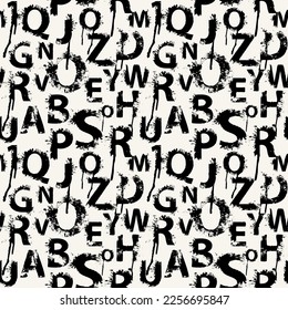 Seamless pattern with alphabet letters in form of black and white paint splashes and blots. Abstract vector background with latin letters. Suitable for wallpaper, wrapping paper or fabric