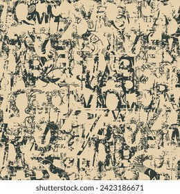 Seamless pattern with alphabet letters in form of black and white paint splashes and blots. Abstract vector background with latin letters. Suitable for wallpaper, wrapping paper or fabric