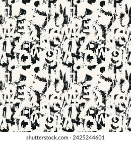 Seamless pattern with alphabet letters in form of black and white paint splashes and blots. Abstract vector background with latin letters. Suitable for wallpaper, wrapping paper or fabric