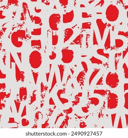 Seamless pattern with alphabet letters in form of red and white paint splashes and blots. Abstract vector background with latin letters. Suitable for wallpaper, wrapping paper or fabric
